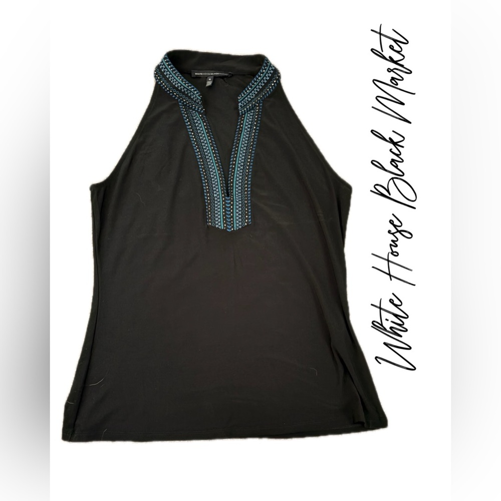 White House Black Market Black Top with Blue Embellishments